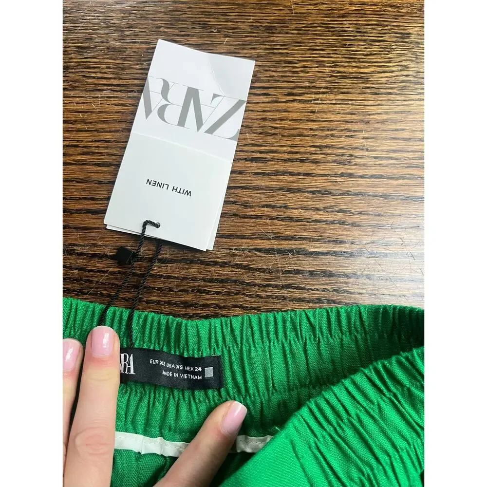 Zara women’s wide leg linen blend pants Sz. XS bold green NWT